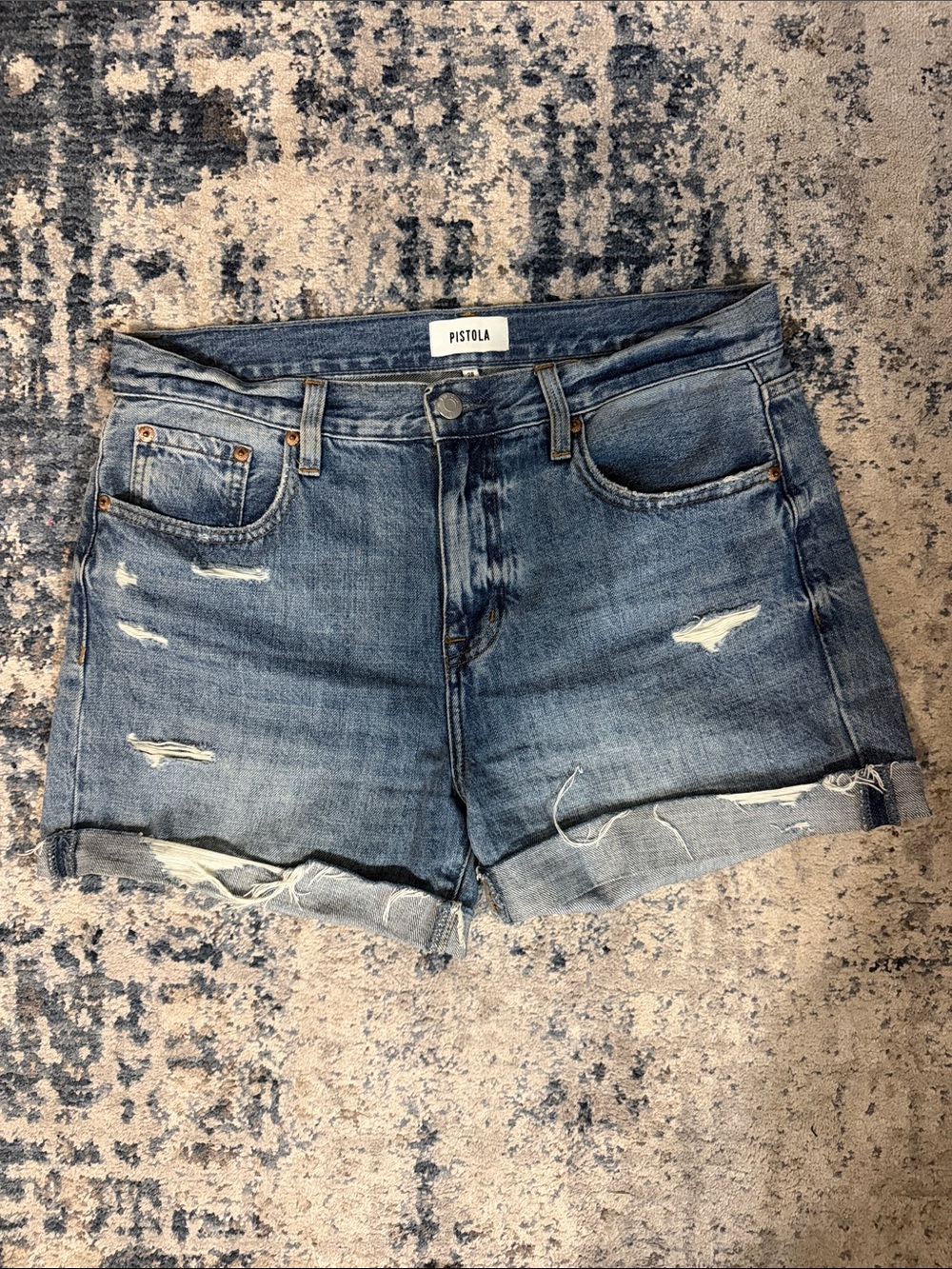 pistola Medium Blue Distressed Roll-Hem Jean Shorts size 28